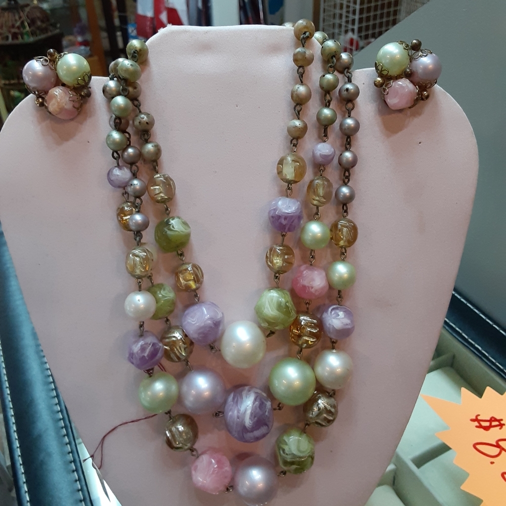 3 Strand Necklace and Clip on Earring Set